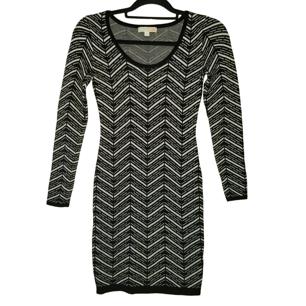 GB Gianni Bini Dress- Women's Small Black White Chevron‎ Stripe Stretch Bodycon